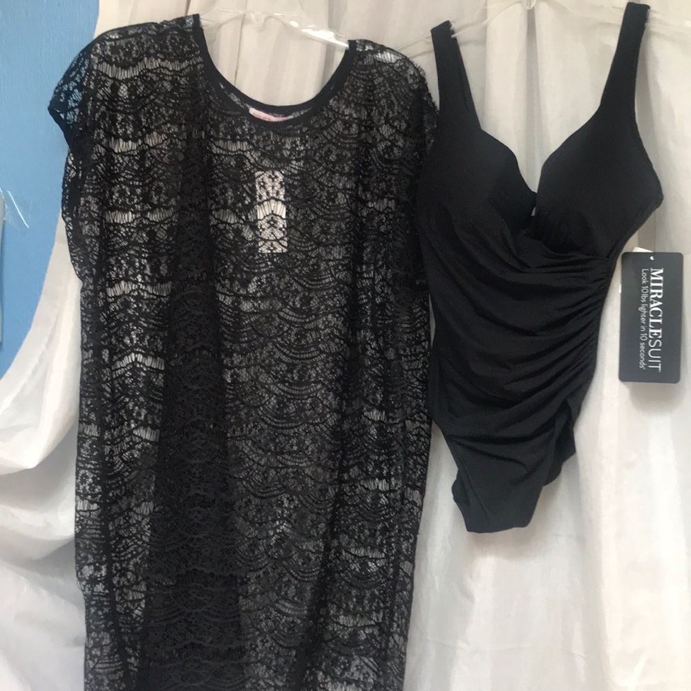 Miraclesuit Black One Piece Swimsuit with Lace Cover-Up